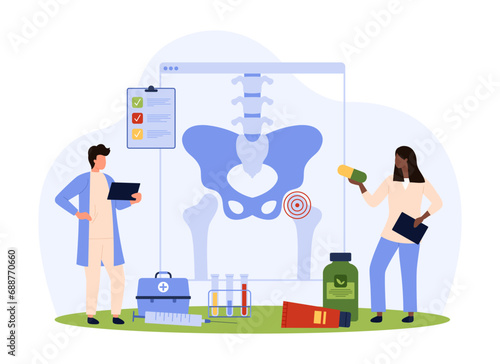 Osteoarthritis, osteoporosis, orthopedic problems and hip inflammation diagnosis vector illustration. Cartoon tiny people diagnose pelvic joints disease and cartilage inflammation on patients xray
