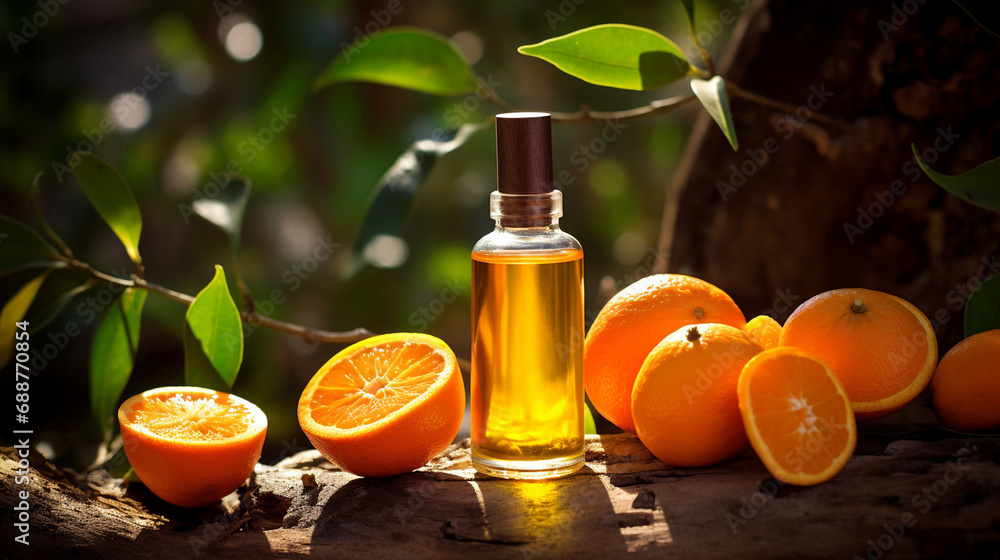 bottle, jar with orange essential oil extract bottle, jar with orange essential oil extract