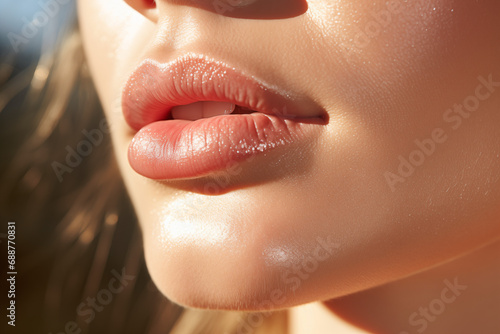 Sun-kissed natural lips with a hint of gloss in warm daylight. Female matural beauty and elegance. Perfect for magazine poster, banner, or design