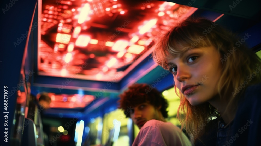Young people having fun in retro arcade game room Young people having fun in retro arcade game room