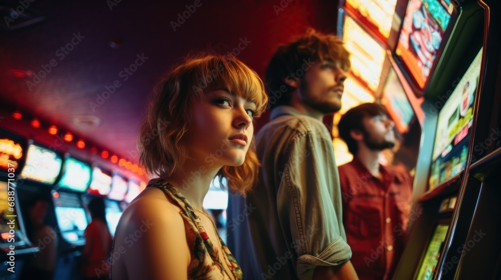 Young people having fun in retro arcade game room Young people having fun in retro arcade game room