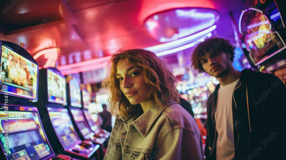 Young people having fun in retro arcade game room