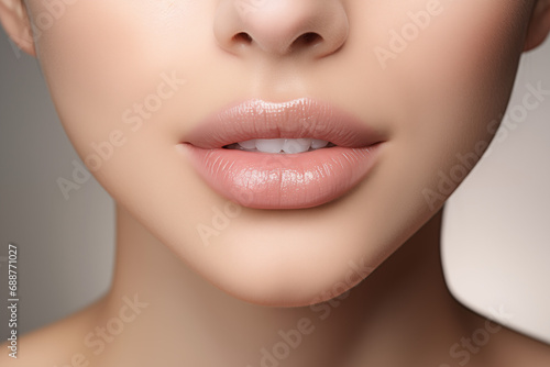 Subtle nude lip gloss on a woman s lips  close-up shot. Minimalist makeup for a natural  everyday look. Perfect for poster  banner  or design. High-resolution image. Female beauty and elegance