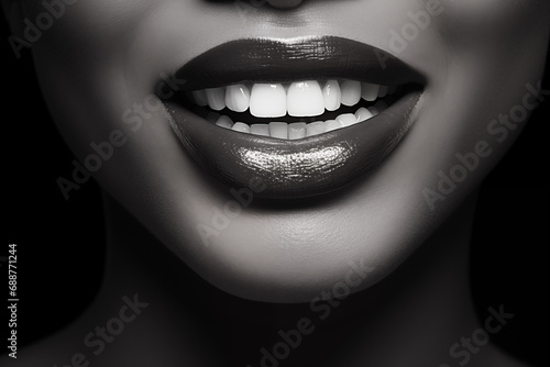 Dramatic black lipstick on a monochrome portrait, highlighting a radiant smile. Bold and edgy makeup concept. Perfect for poster, banner, or design. Female beauty and elegance. Black and white photo