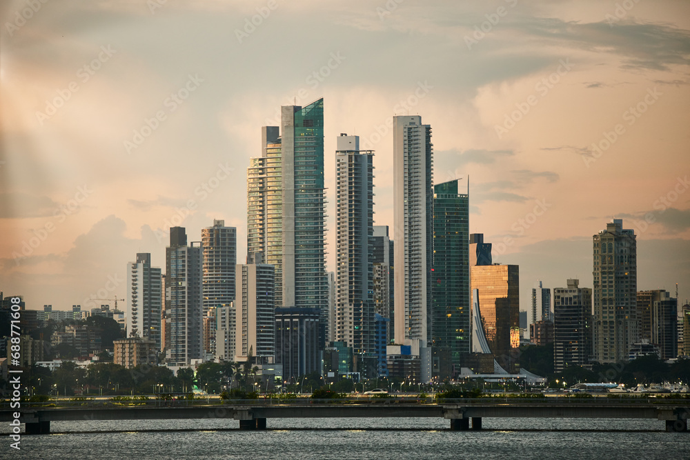 View of the road over water (cinta costera) skyline of Panama City
