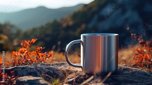 metal tourist mug against nature background,travel equipment mockup