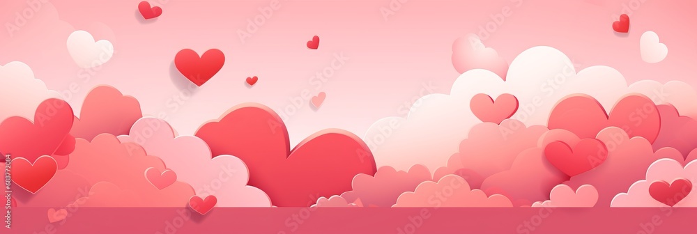 Valentine's Day concept, illustration of pink background with clouds and hearts, banner