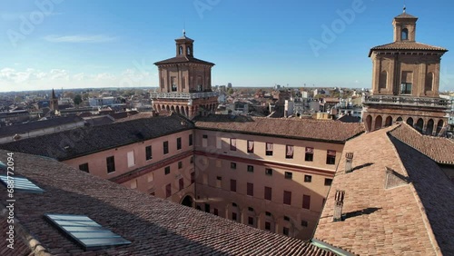 Aerial view from Ferrara Castle tower, majestic fortress that stands in the heart of Ferrara, Italy. It was built in 1385 by the Este family, who ruled the city for centuries over the Duchy of Ferrara