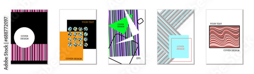 Geometric cover design, set of 5 covers. Abstract unusual background in Memphis style. Bright geometric shapes in random order