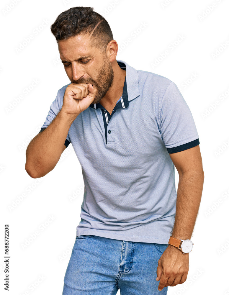 Handsome man with beard wearing casual clothes feeling unwell and coughing as symptom for cold or bronchitis. health care concept. Handsome man with beard wearing casual clothes feeling unwell and coughing as symptom for cold or bronchitis. health care concept.