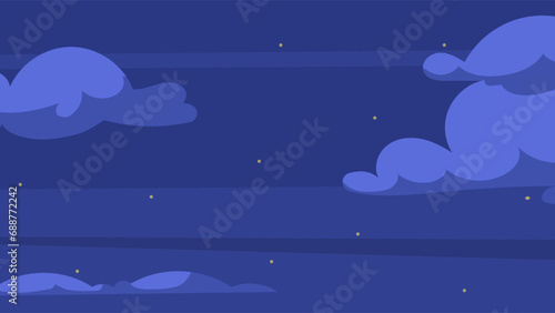 Night cloudy sky. Beautiful evening landscape with soft fluffy clouds and twinkling stars. Clear weather at night. Design element for background or banner. Cartoon flat vector illustration