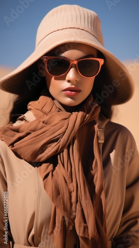 Young girls in beautiful fashionable clothes in calm sandy colors, fashion magazine cover, high fashion