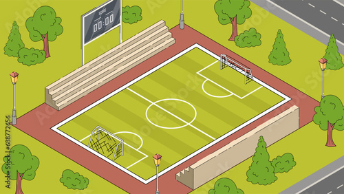 Landscape with football field. Colorful background with stands, green lawn and goal for playing football. Sports and active lifestyle. Design element for poster. Cartoon isometric vector illustration