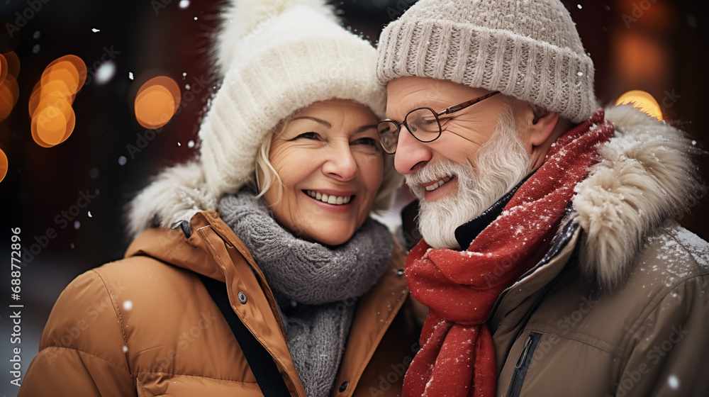 Portrait of an elderly couple lovingly looking at each other on an evening street Portrait of an elderly couple lovingly looking at each other on an evening street
