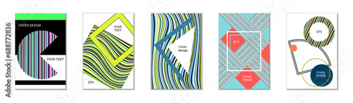 Geometric cover design, set of 5 covers. Abstract unusual background in Memphis style. Bright geometric shapes in random order