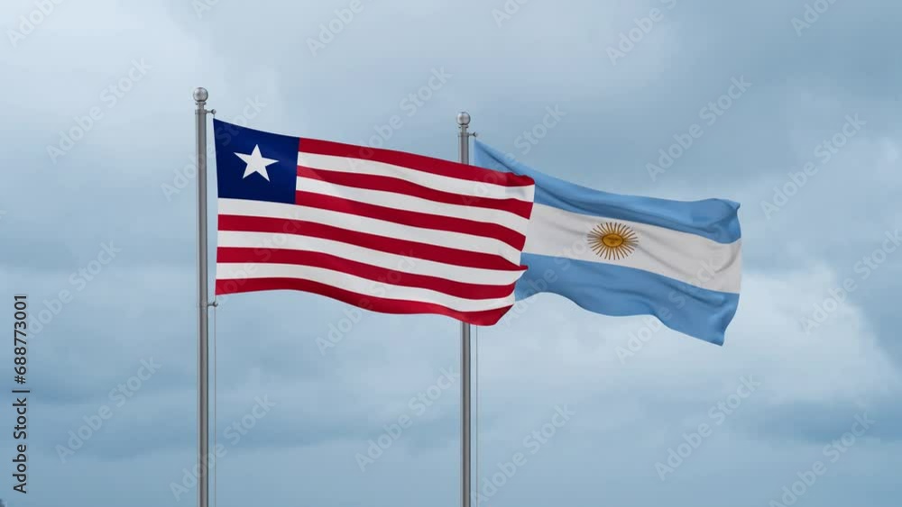 Argentina flag and Liberia flag waving together on cloudy sky, endless seamless loop, two country relations concept Argentina flag and Liberia flag waving together on cloudy sky, endless seamless loop, two country relations concept