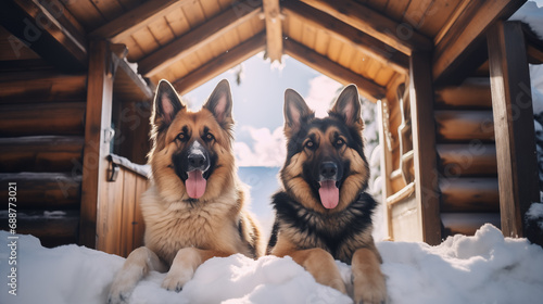  large beautiful dogs on the snow-covered porch of the house. Christmas atmosphere