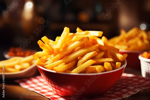 Golden French fries potatoes in a bowl 