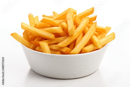 Golden French fries potatoes in a bowl on white background, close up