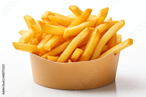 Golden French fries potatoes in a bowl on white background, close up