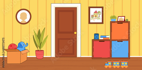 Cute children room. Colorful banner with kid bedroom interior with yellow walls, toys, wooden furniture and decorative elements. Stylish apartment. Design for game. Cartoon flat vector illustration