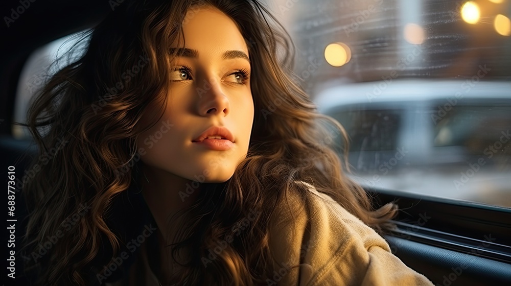 Portrait of a fashion young woman, inside a car, next to the window. Portrait of a fashion young woman, inside a car, next to the window.