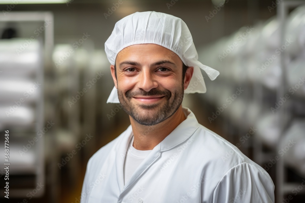 Food industry, guy in white coat and safety cap on the background of blurred food production workshop, food quality control Food industry, guy in white coat and safety cap on the background of blurred food production workshop, food quality control
