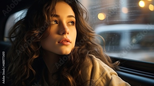 Portrait of a fashion young woman, inside a car, next to the window.