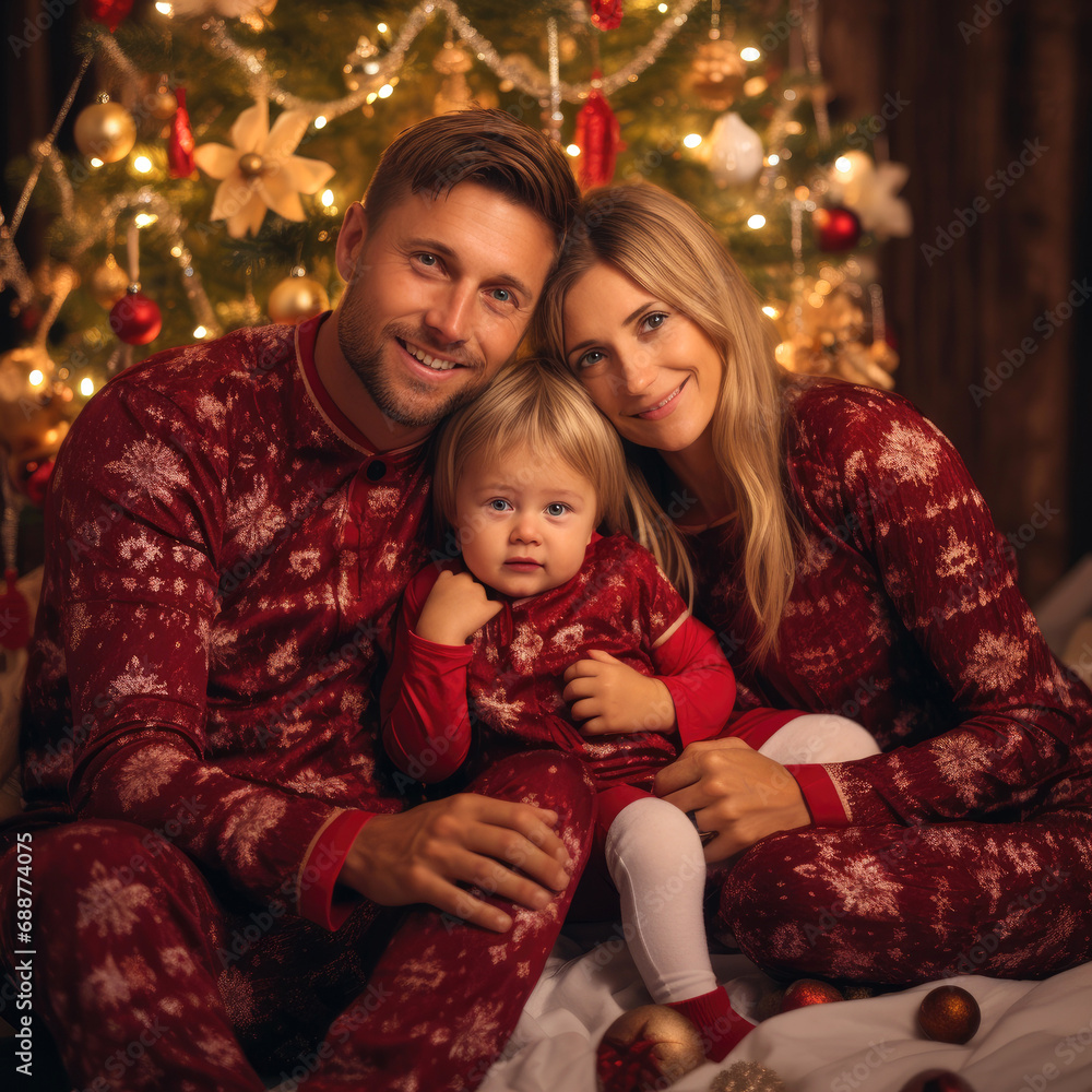 Young couple wearing Christmas pajamas with their 1 years old child under the Christmas tree Young couple wearing Christmas pajamas with their 1 years old child under the Christmas tree