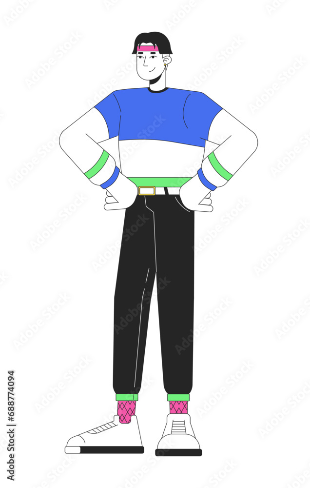 Confident hands on hips korean guy 2D linear cartoon character. Casual 80s outfit asian man posing isolated line vector person white background. Nostalgia fashion color flat spot illustration