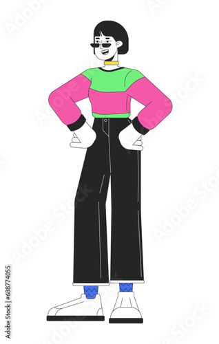 Cool korean woman hands on hips 2D linear cartoon character. 80s street style asian young adult female isolated line vector person white background. Nostalgia fashionable color flat spot illustration