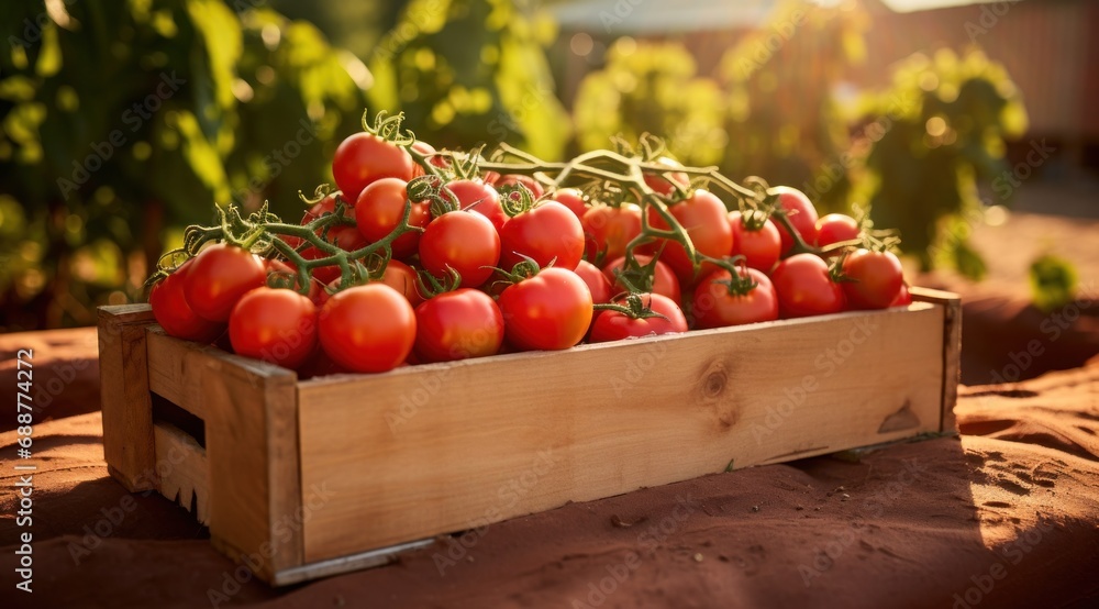 a wooden box full of tomatoes in the garden, a wooden box full of tomatoes in the garden,