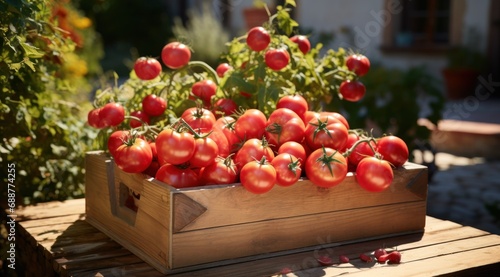 a wooden box full of tomatoes in the garden 