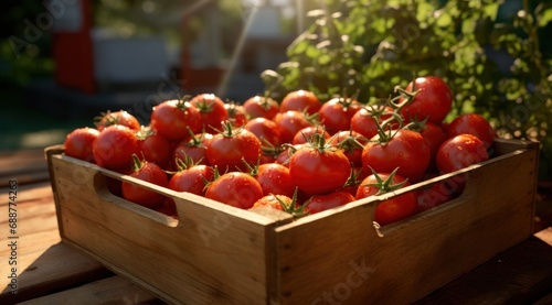 a wooden box full of tomatoes in the garden 