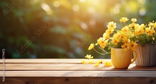a yellow cup with flowers sitting on top of wooden table, © ArtCookStudio