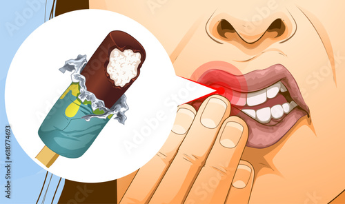 Increased dental sensitivity. Toothache. Sharp pain when  eating cold foods. Healthcare illustration, Vector illustration. 