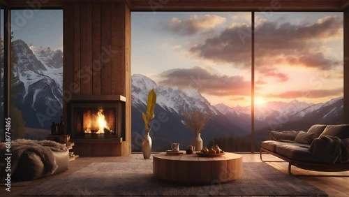 luxury living room, animated virtual backgrounds, stream overlay loop, sofa fireplace cozy interior golden hour sunset, vtuber asset twitch zoom OBS screen, anime chill atmospheric	