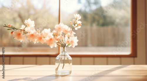 an empty wooden table with flowers in a vase 