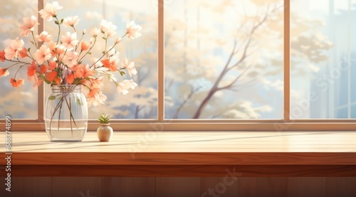 an empty wooden table with flowers in a vase,