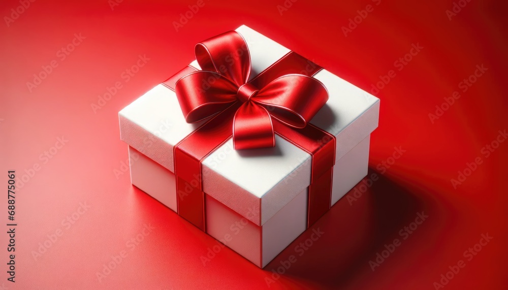 An elegant white gift box adorned with a lustrous red ribbon, set against a rich red background. An elegant white gift box adorned with a lustrous red ribbon, set against a rich red background.