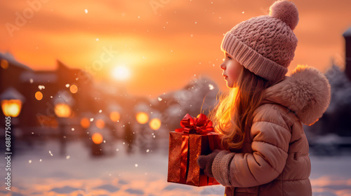 Little girl with Christmas gift outside at sunset with street lights and copy space