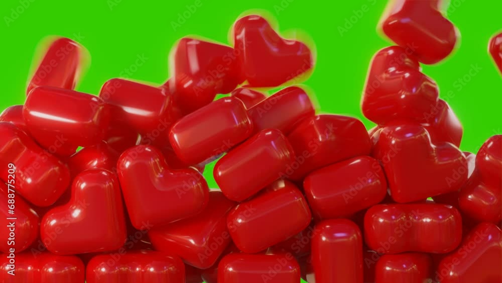 Falling dynamic red hearts filling the screen on green screen background. 3d transitions Falling dynamic red hearts filling the screen on green screen background. 3d transitions