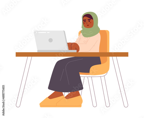 Muslim woman working from home cartoon flat illustration. Workspace female hijab remote employee 2D character isolated on white background. Telecommuting adult headscarf scene vector color image