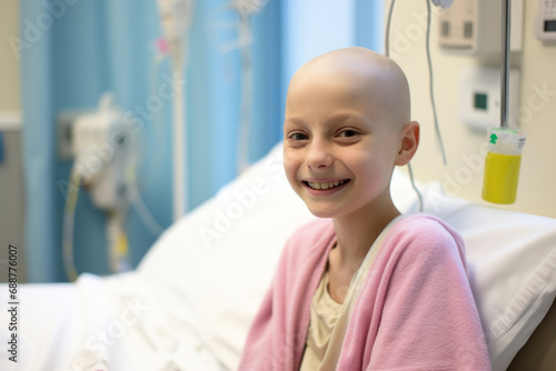 A young, hairless girl, approximately 8 years old, showing resilience and hope, stands in a hospital room