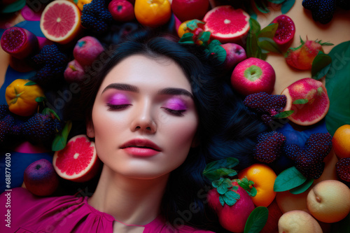 Vibrant Beauty Portrait with Mixed Fruits