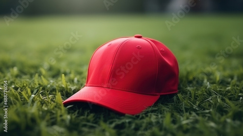 Athlete modern baseball red cap with realistic on a mockup template in a grass in a stadium