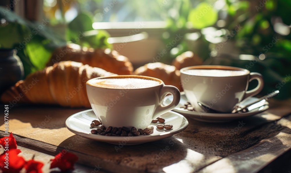 Two cups of coffee with a croissant on a table bathed in warm morning light Two cups of coffee with a croissant on a table bathed in warm morning light