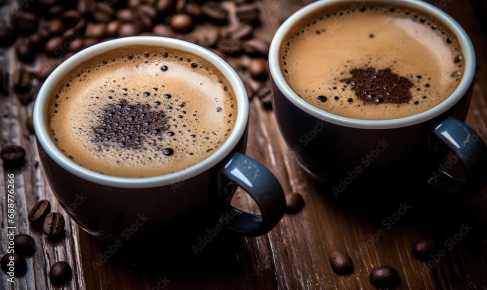 Two cups of freshly brewed espresso with froth on a rustic wooden surface, surrounded by scattered coffee beans Two cups of freshly brewed espresso with froth on a rustic wooden surface, surrounded by scattered coffee beans