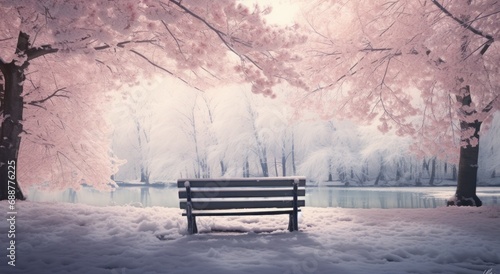 bench in winter and snow surrounded by trees with snow