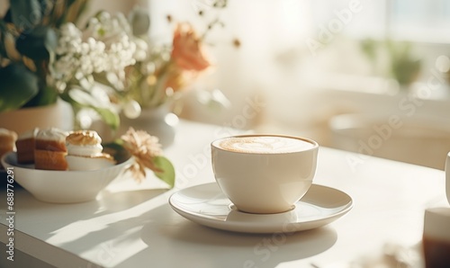 A cup of coffee with saucer on a table, accompanied by sweets and flowers, bathed in soft morning light